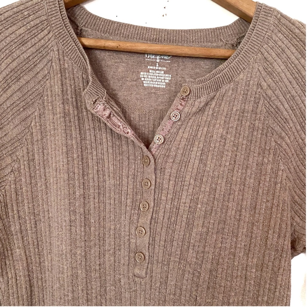 Mossimo Ribbed Henley Sweater Tan Brown Long Sleeve Knit Top Preppy Popover L - Picture 4 of 16